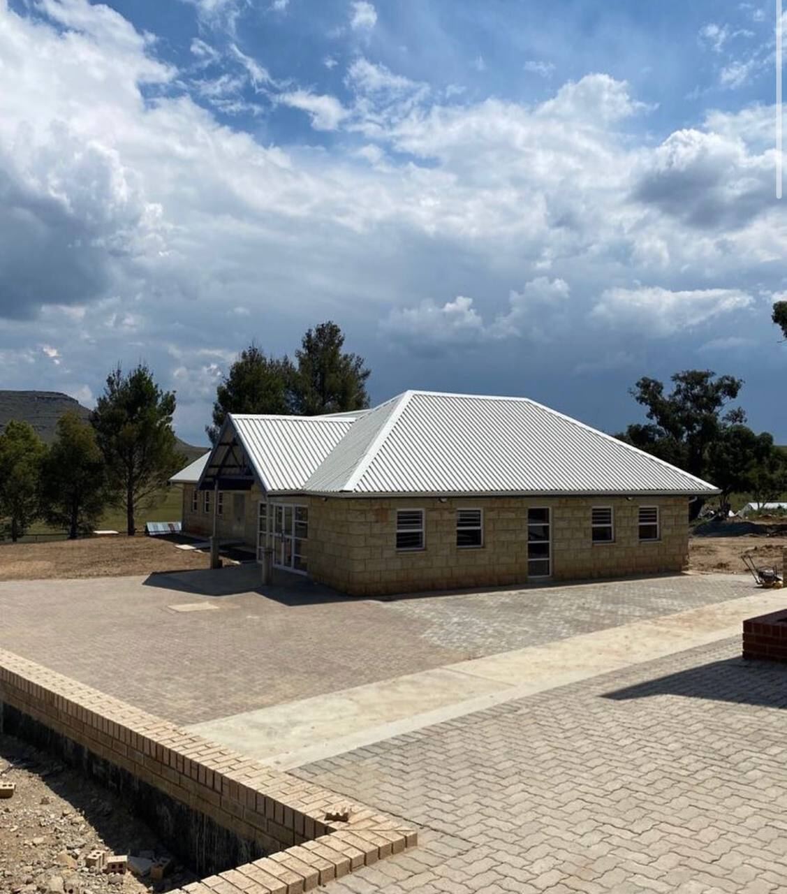 Completed institutional building with new roof
